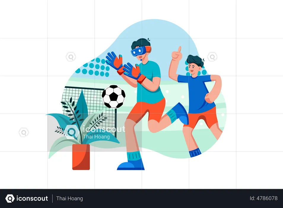 Kids playing football game in metaverse  Illustration