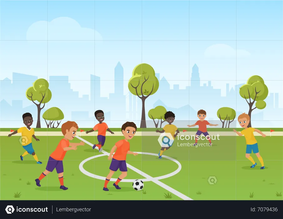 Kids playing football in park  Illustration