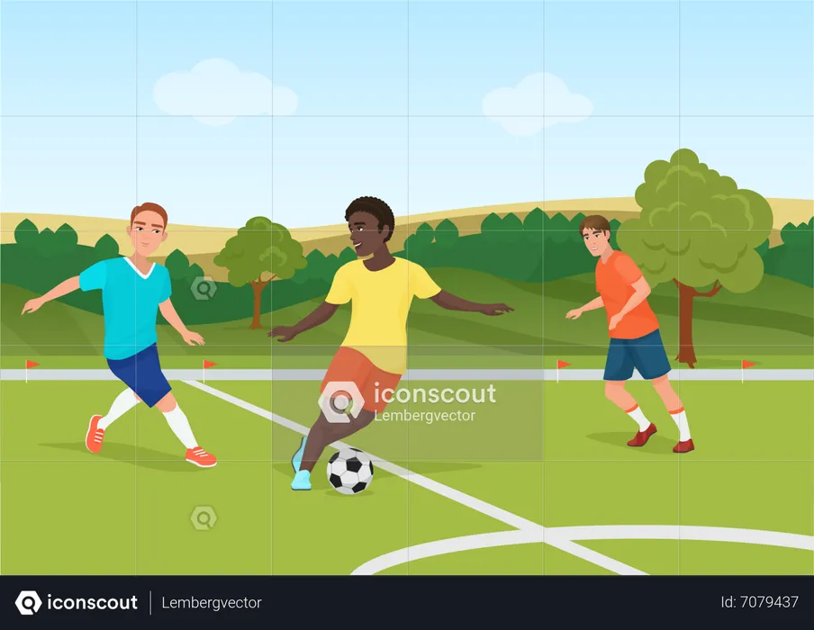 Kids playing football in park  Illustration