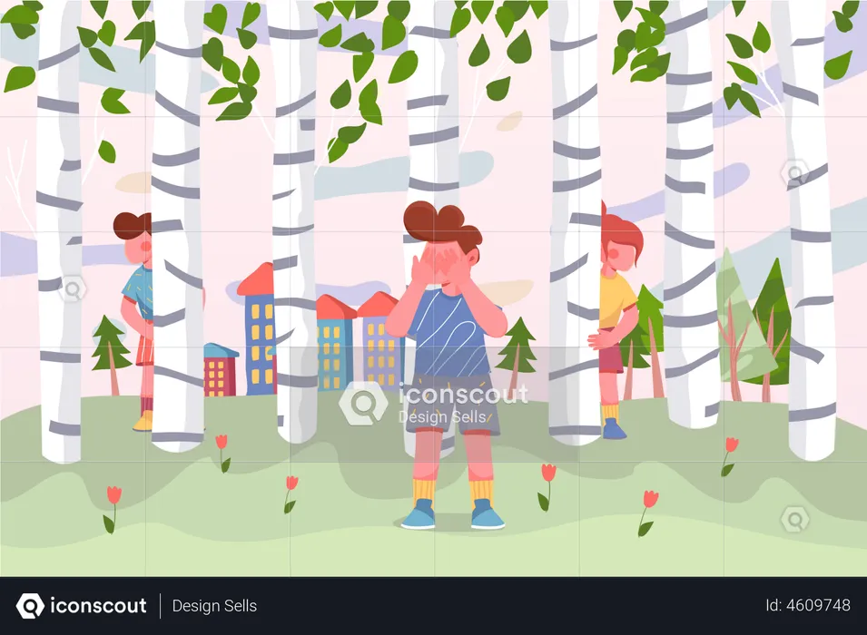 Kids playing in birches  Illustration