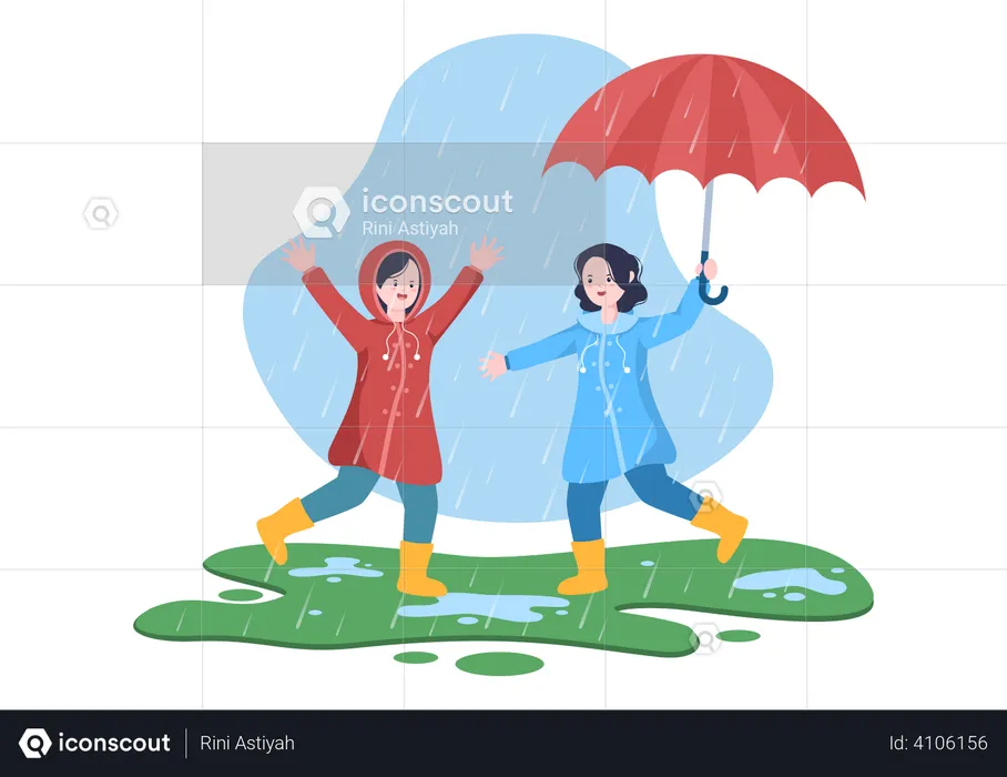 Kids playing in rain  Illustration