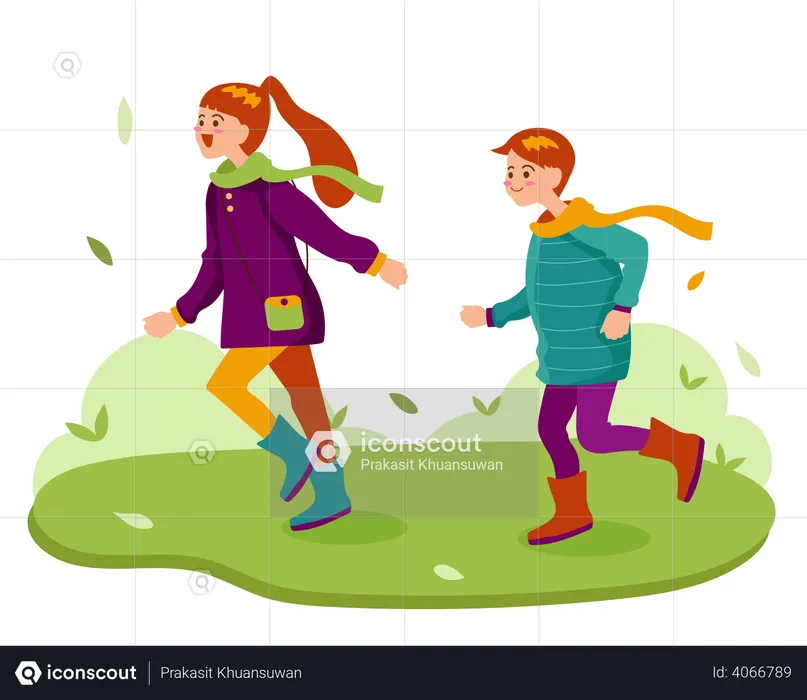 Kids playing park in autumn  Illustration