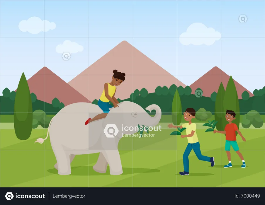 Kids playing with baby elephant  Illustration