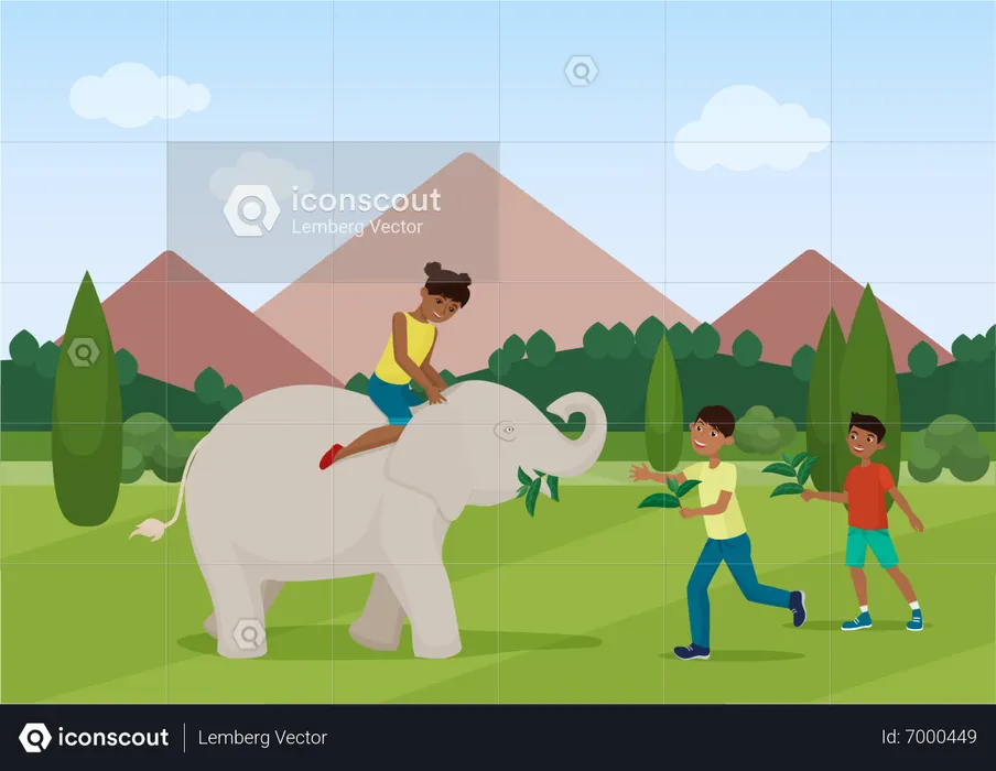 Kids playing with baby elephant  Illustration