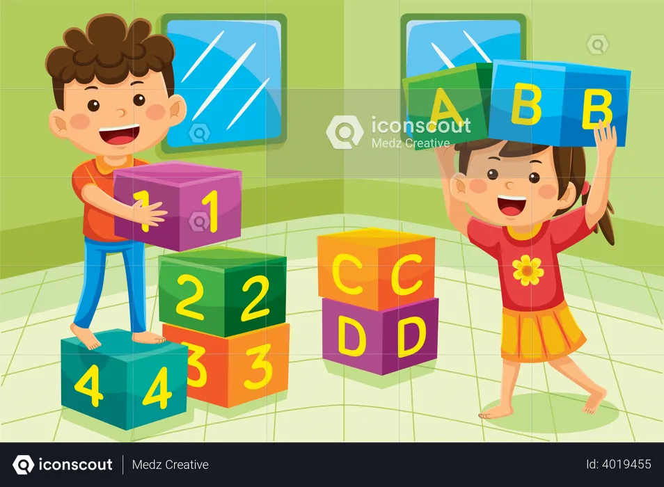 Kids playing with cubes  Illustration