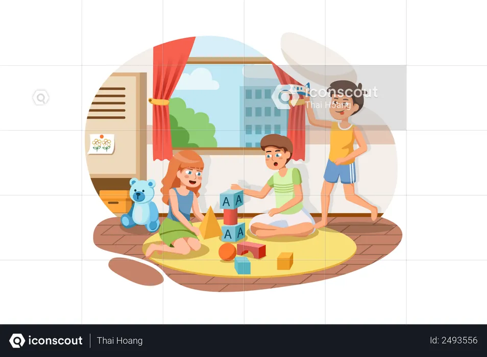 Kids playing with toys in preschool  Illustration