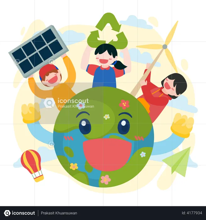 Kids promoting recyclable energy  Illustration