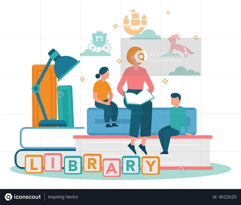 Kids reading book in library  Illustration