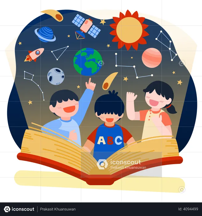 Kids reading space book  Illustration