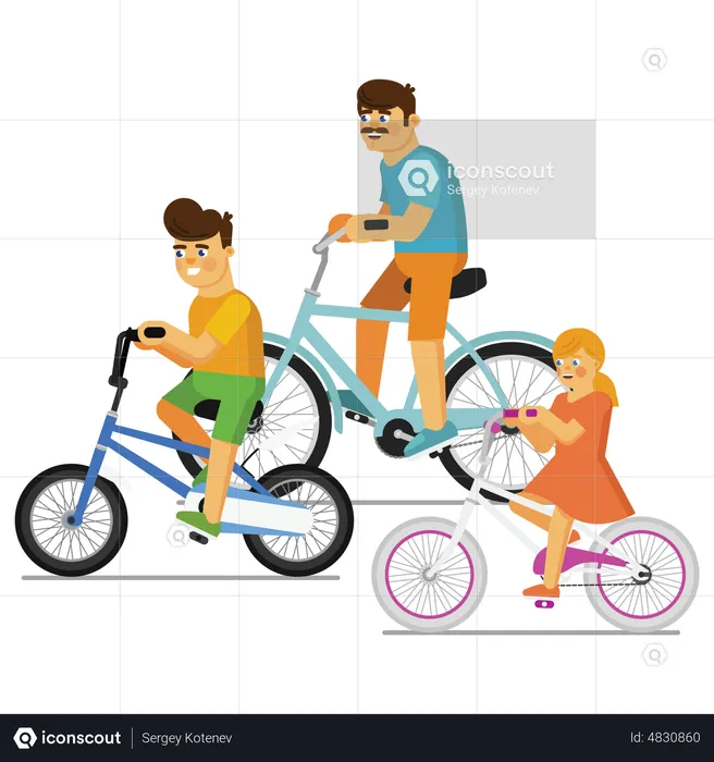 Kids riding bicycle with father  Illustration