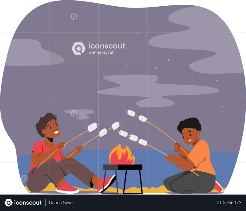 Kids roasting marshmallow at campfire  Illustration