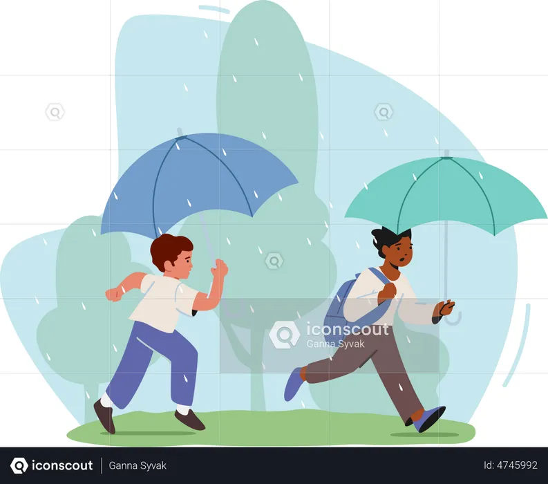 Kids running with umbrella in hand  Illustration