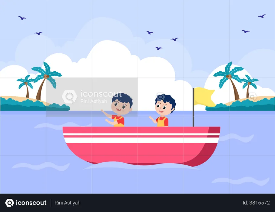 Kids sitting in boat  Illustration