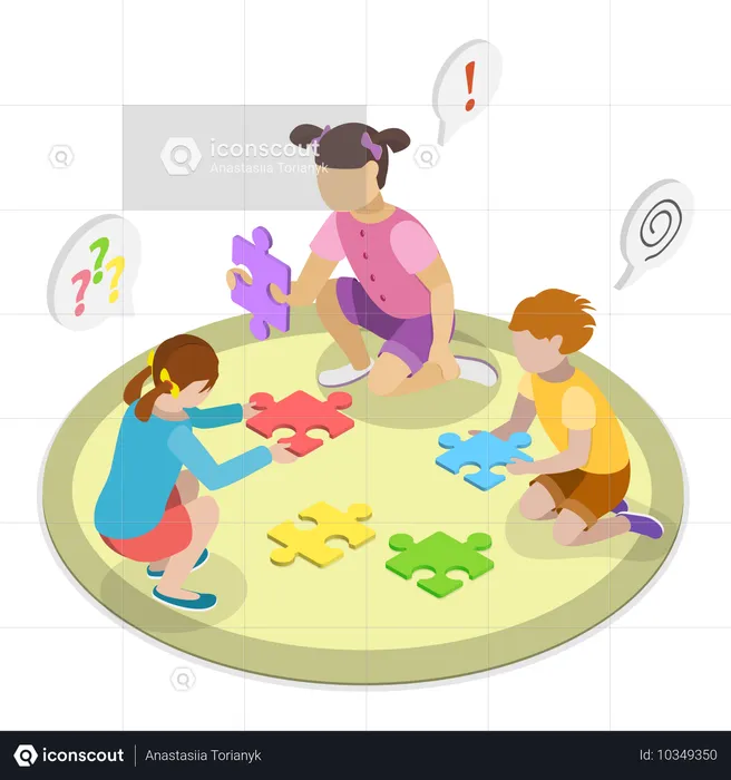 Kids solving puzzles together  Illustration