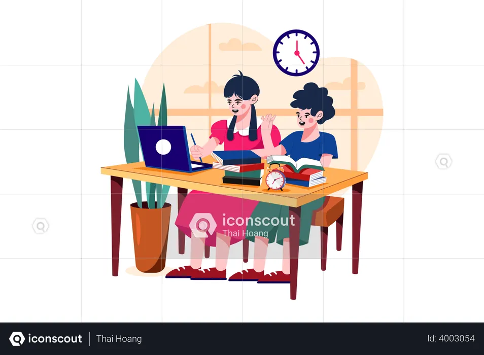 Kids studying at home via internet  Illustration