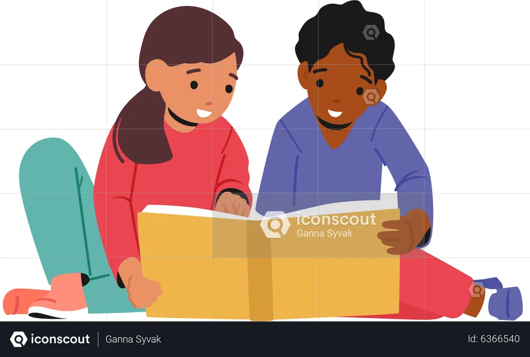 Kids studying from book together  Illustration
