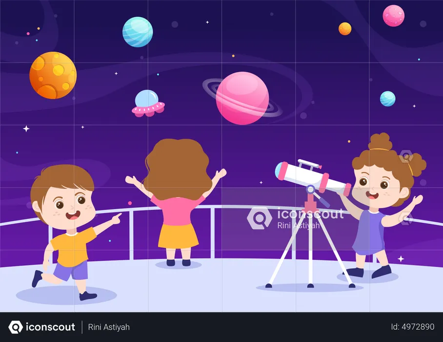 Kids Watching Night Starry  Illustration