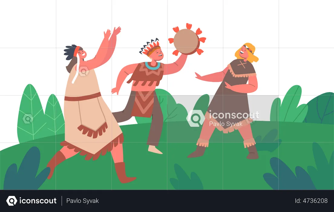 Kids Wear Traditional Costumes and Playing Drums and Dance  Illustration