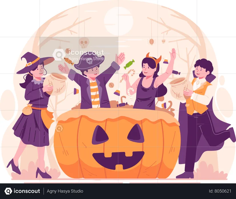Kids Wearing Halloween Costumes and Having Fun With Large Pumpkin Basket Filled With Sweets and Candies  Illustration