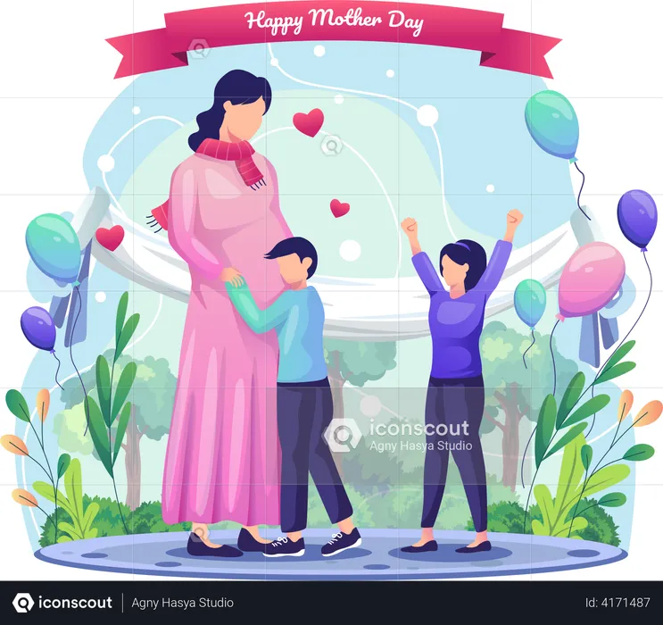 Kids with pregnant mother  Illustration