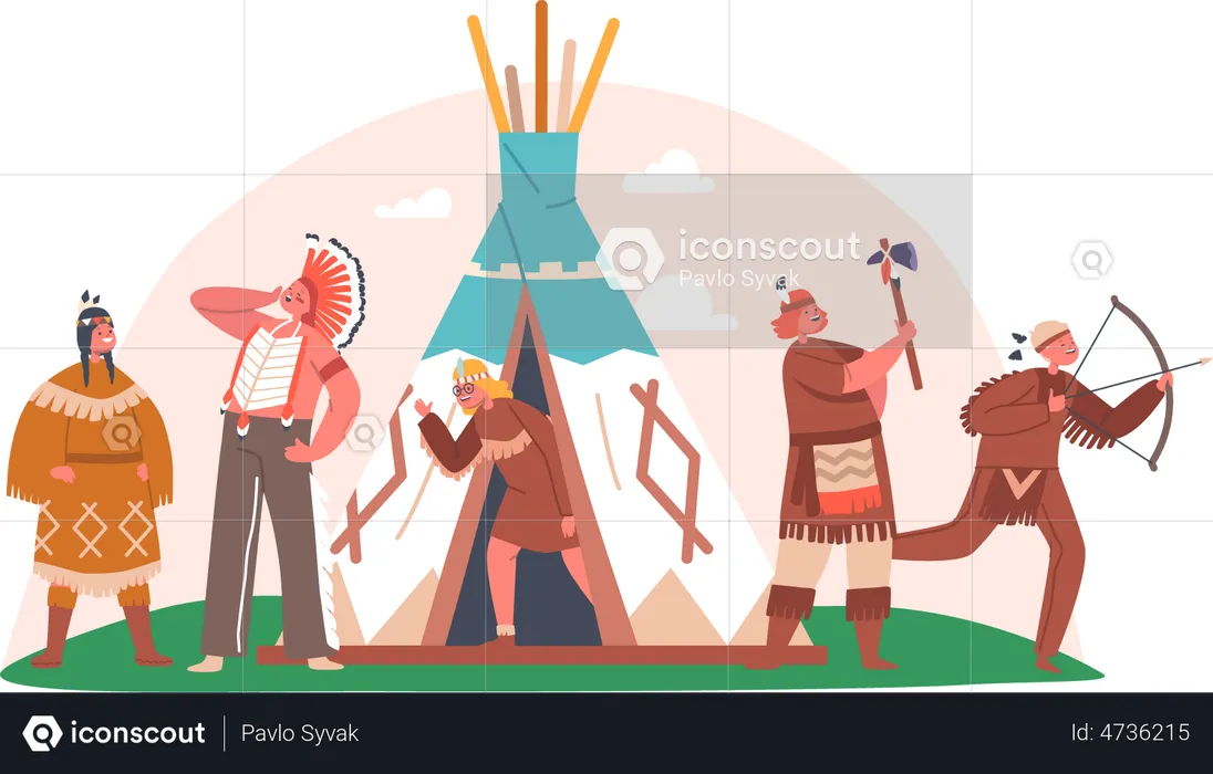 Kids with Weapon near Wigwam Tent  Illustration