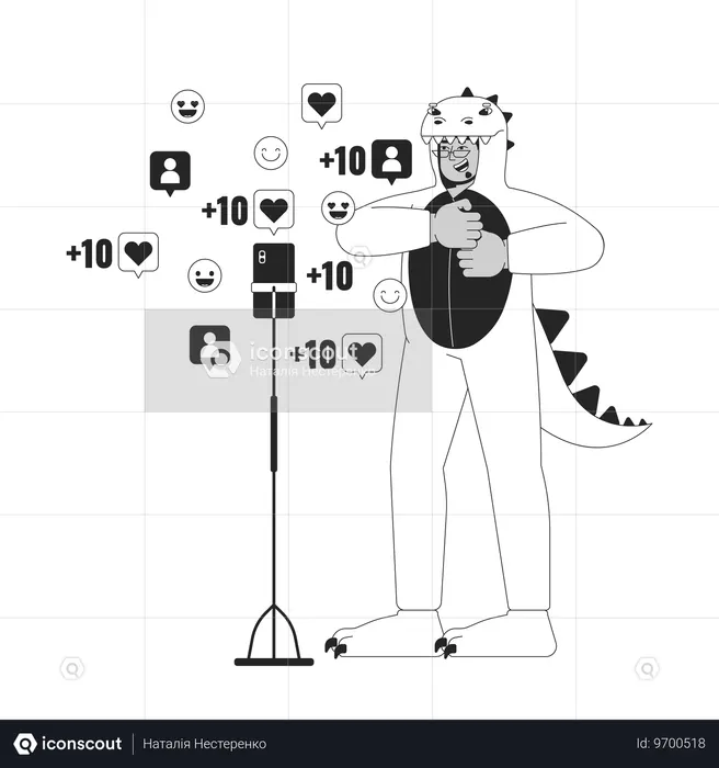 Kigurumi dinosaur man in front of phone camera  Illustration