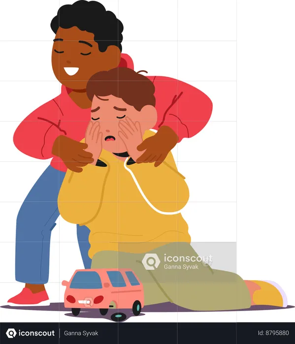 Kind-hearted Kid Soothing his Distress Over Broken Toy  Illustration