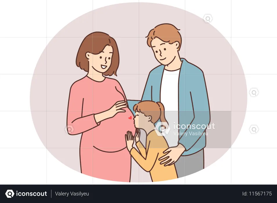 Kind küsst Bauch der schwangeren Mutter  Illustration