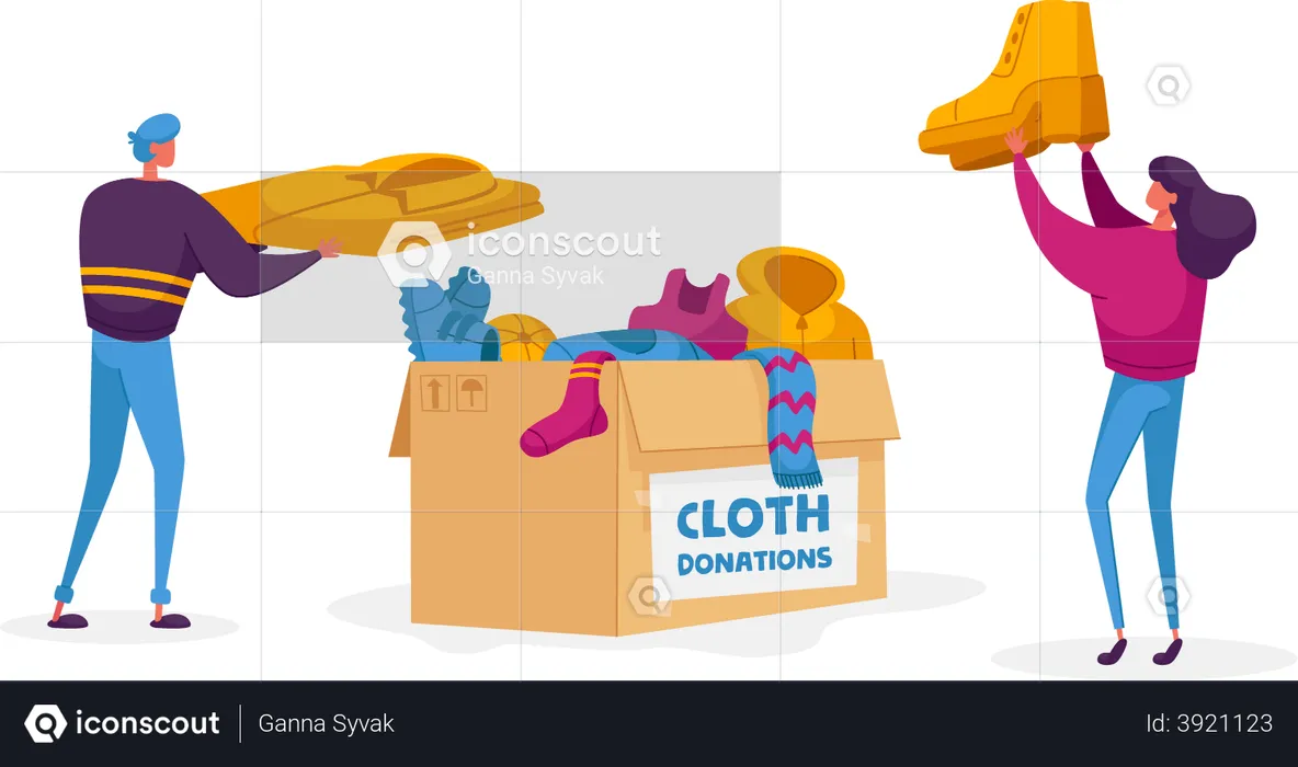 Kind Man and Woman Characters Volunteers of Charity Organization Collecting Clothes for Beggars Living on Street. Girl Holding Show from Box with Donated Dressing. Cartoon People Vector Illustration  Illustration