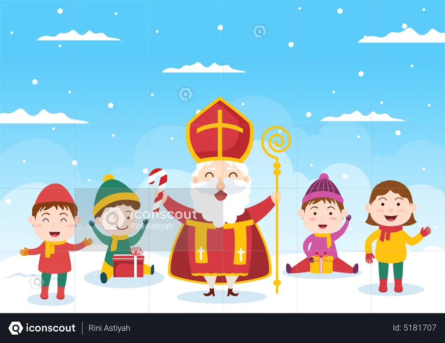 Kinder feiern Nikolaustag mit dem Heiligen  Illustration