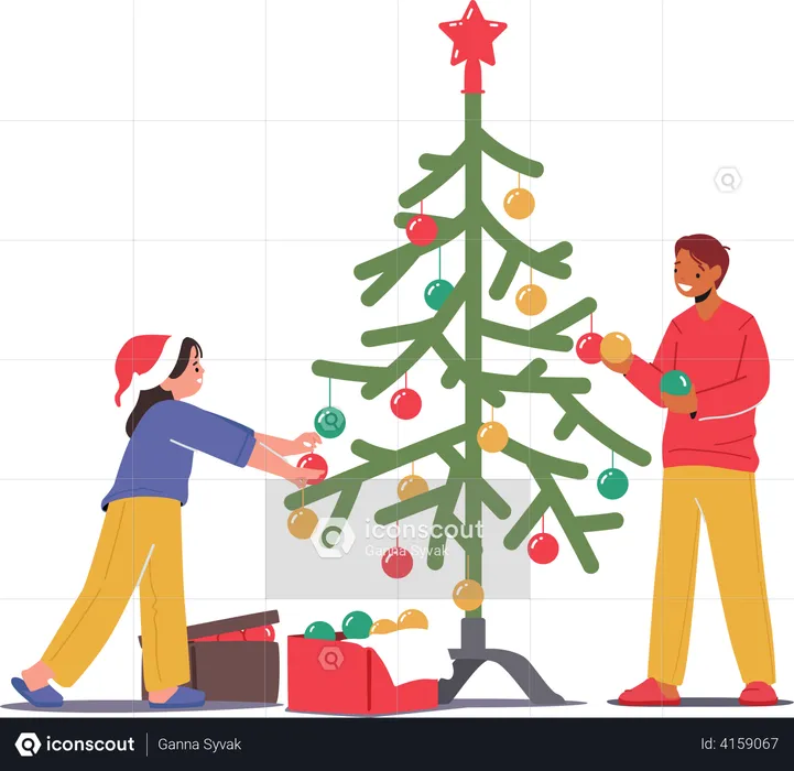 Kinder schmücken gemeinsam den Weihnachtsbaum  Illustration
