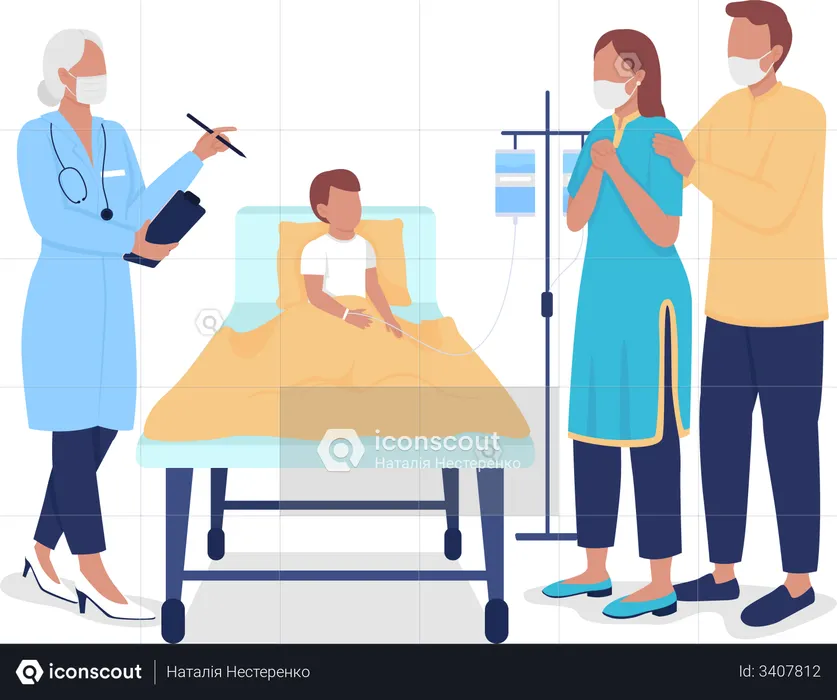 Kinderarzt berät besorgte Eltern  Illustration