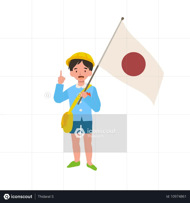 Kindergarten boy in school uniform holding japanese flag introducing japanese culture traditions  Illustration