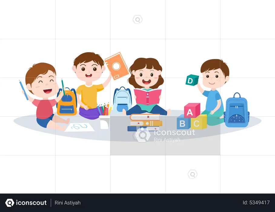 Kindergarten kids playing and learning  Illustration