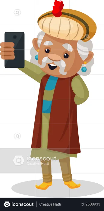 King Akbar clicking selfie with mobile phone  Illustration