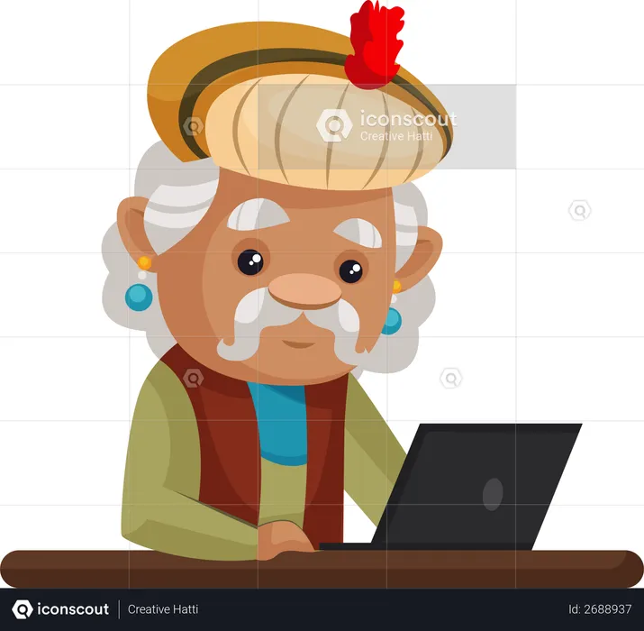 Rei Akbar trabalhando em laptop  Ilustração
