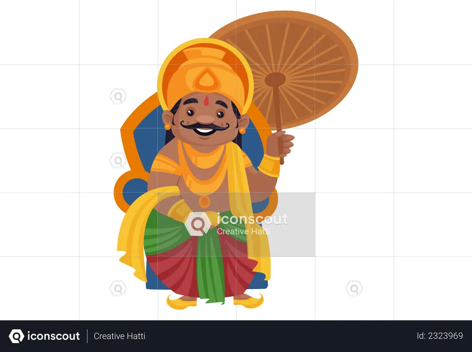 King Mahabali is holding an umbrella in hand and sitting on the throne  Illustration
