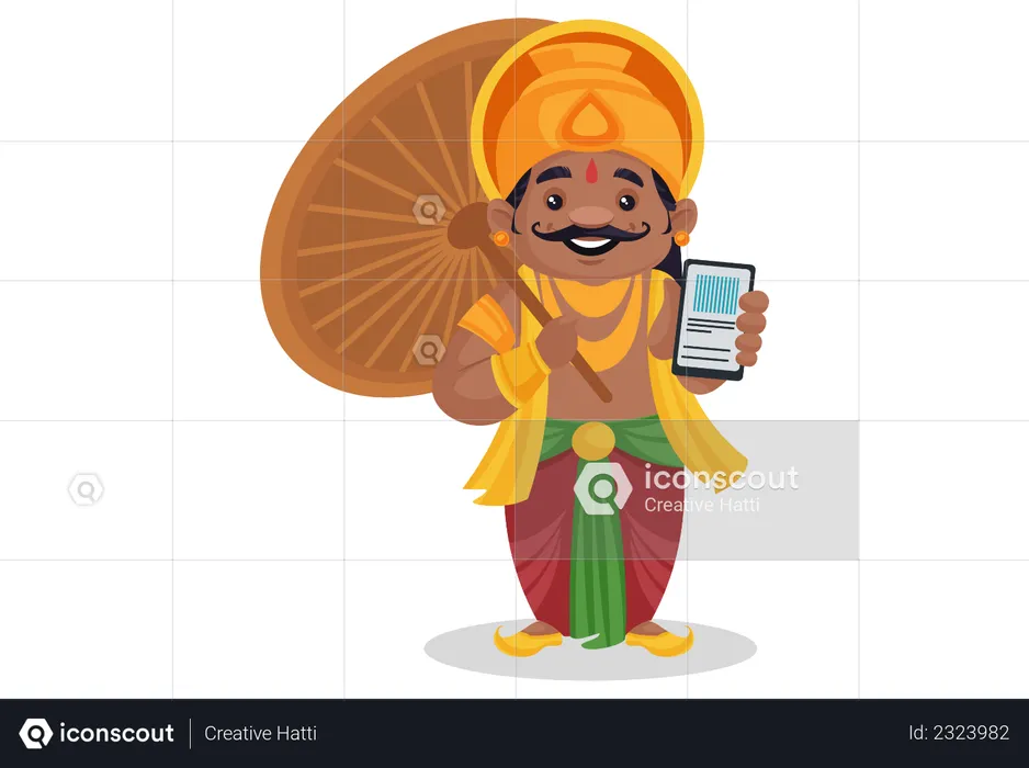 King Mahabali is holding mobile phone in hand  Illustration