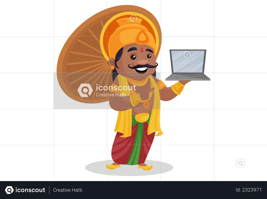 King Mahabali is showing a laptop  Illustration