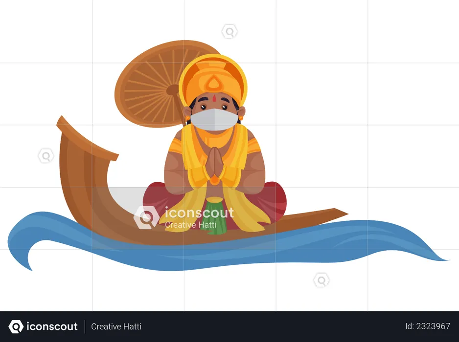 King Mahabali is wearing a mask and sitting on water boat doing Namaste  Illustration