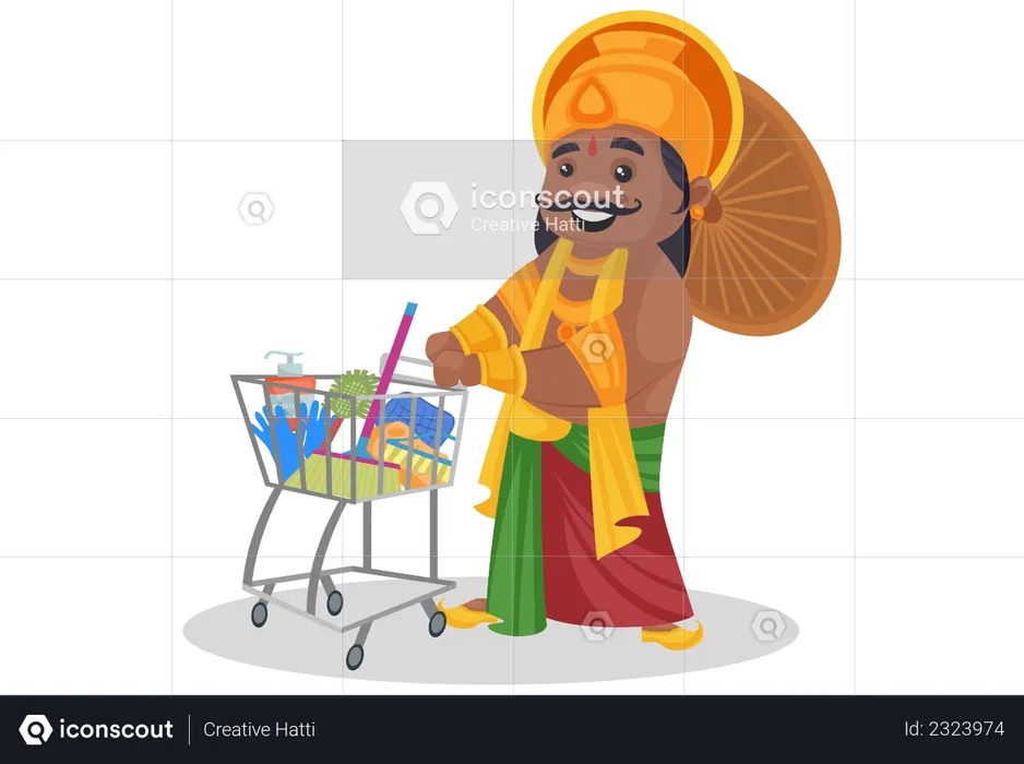 King Mahabali is with shopping cart and household material  Illustration