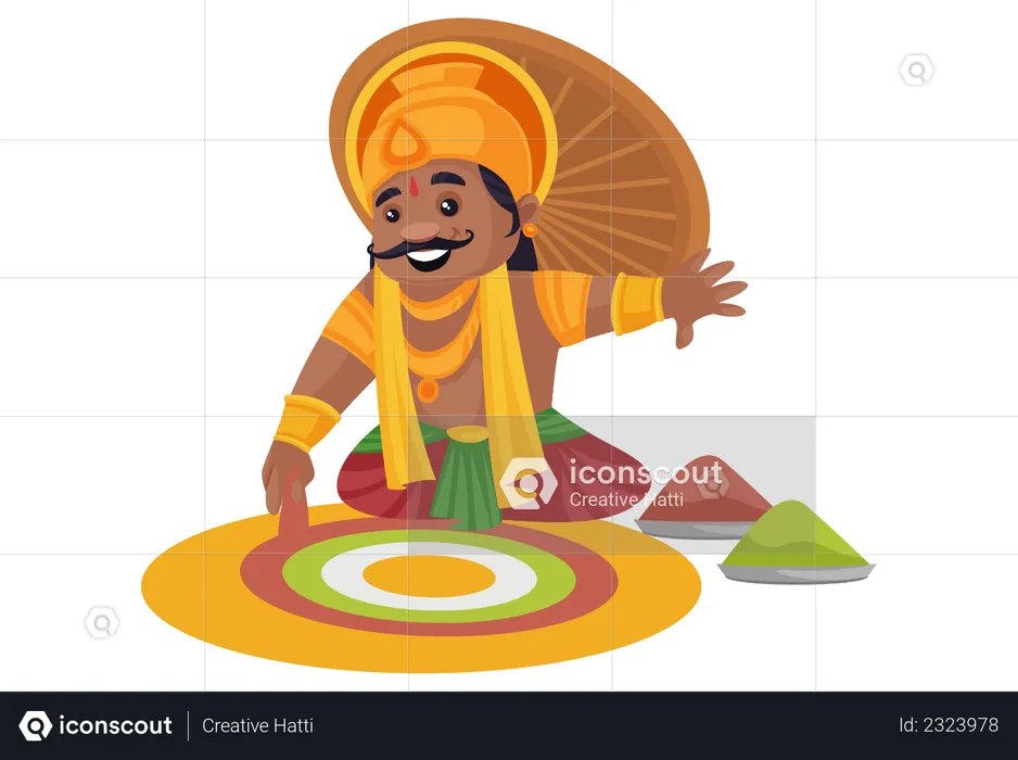 King Mahabali making rangoli on the floor  Illustration