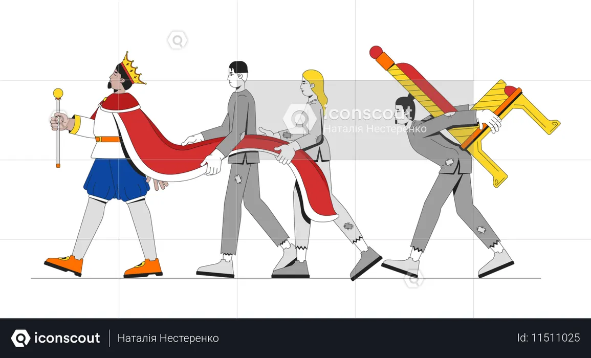 King walking ahead with impoverished servants exploitation  Illustration