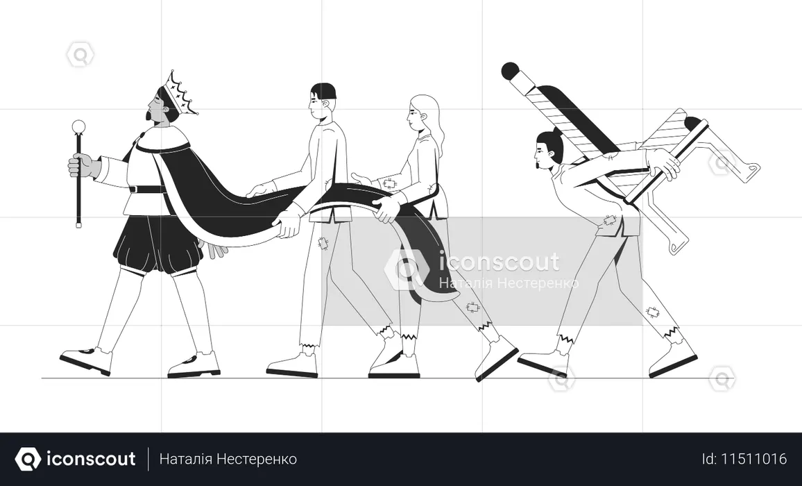 King walking ahead with impoverished servants exploitation  Illustration