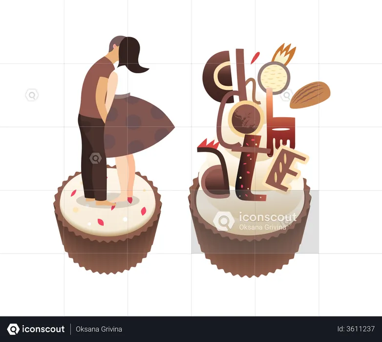Kissing on chocolate cake  Illustration
