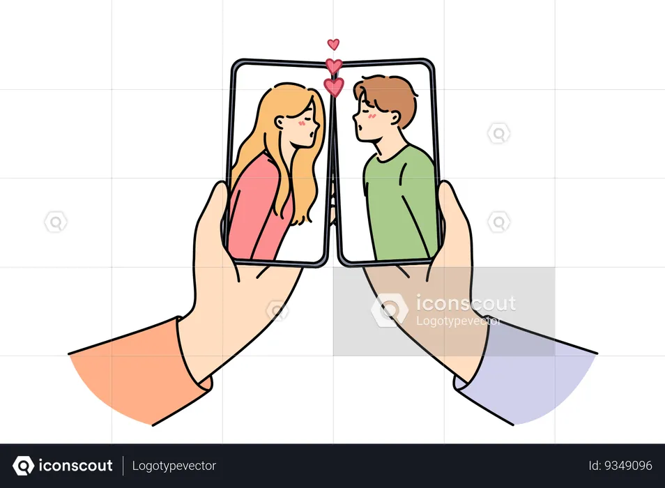 Kissing people in phone screens online dating and flirting through apps in smartphones  Illustration