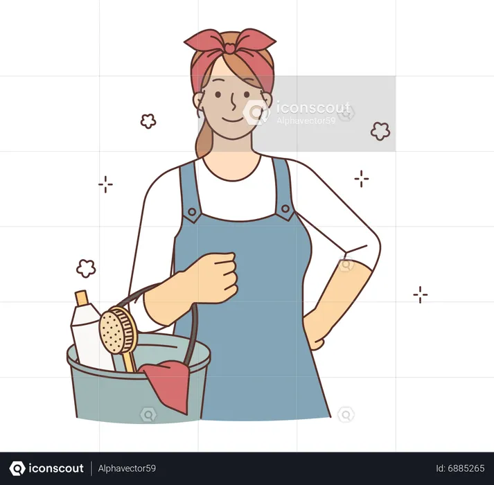 Empregada feminina segurando kit de limpeza  Illustration