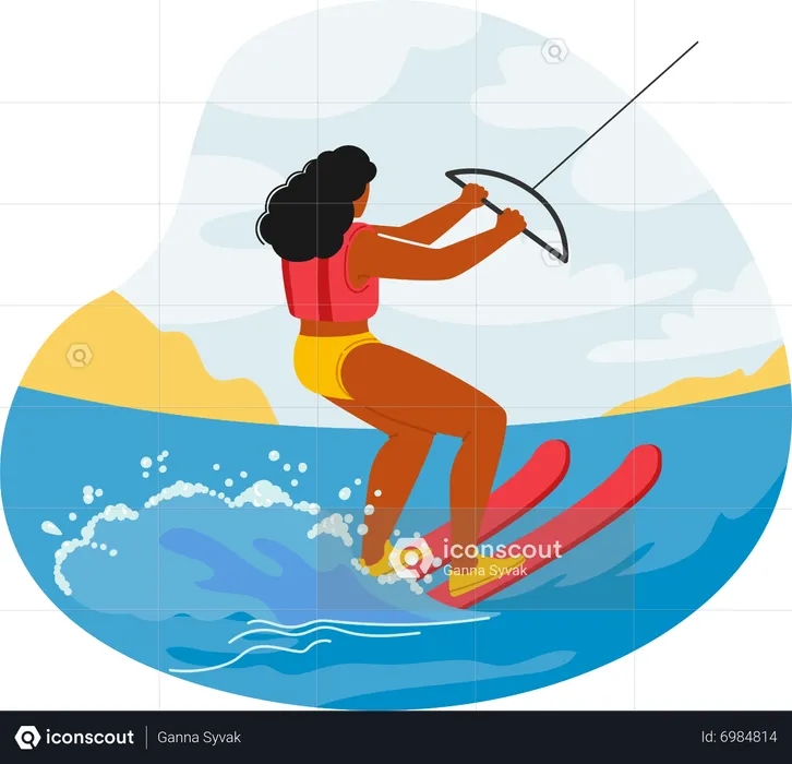 Kite Surfer Female Glides Over Waves  Illustration