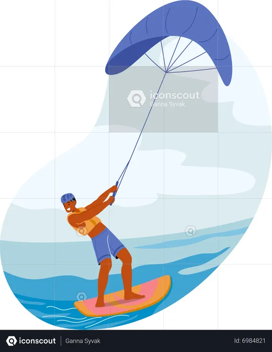 Kite Surfer masculino cavalgando nas ondas  Ilustração