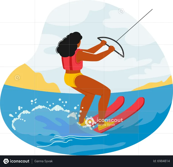 Kitesurfista femenina se desliza sobre las olas  Ilustración